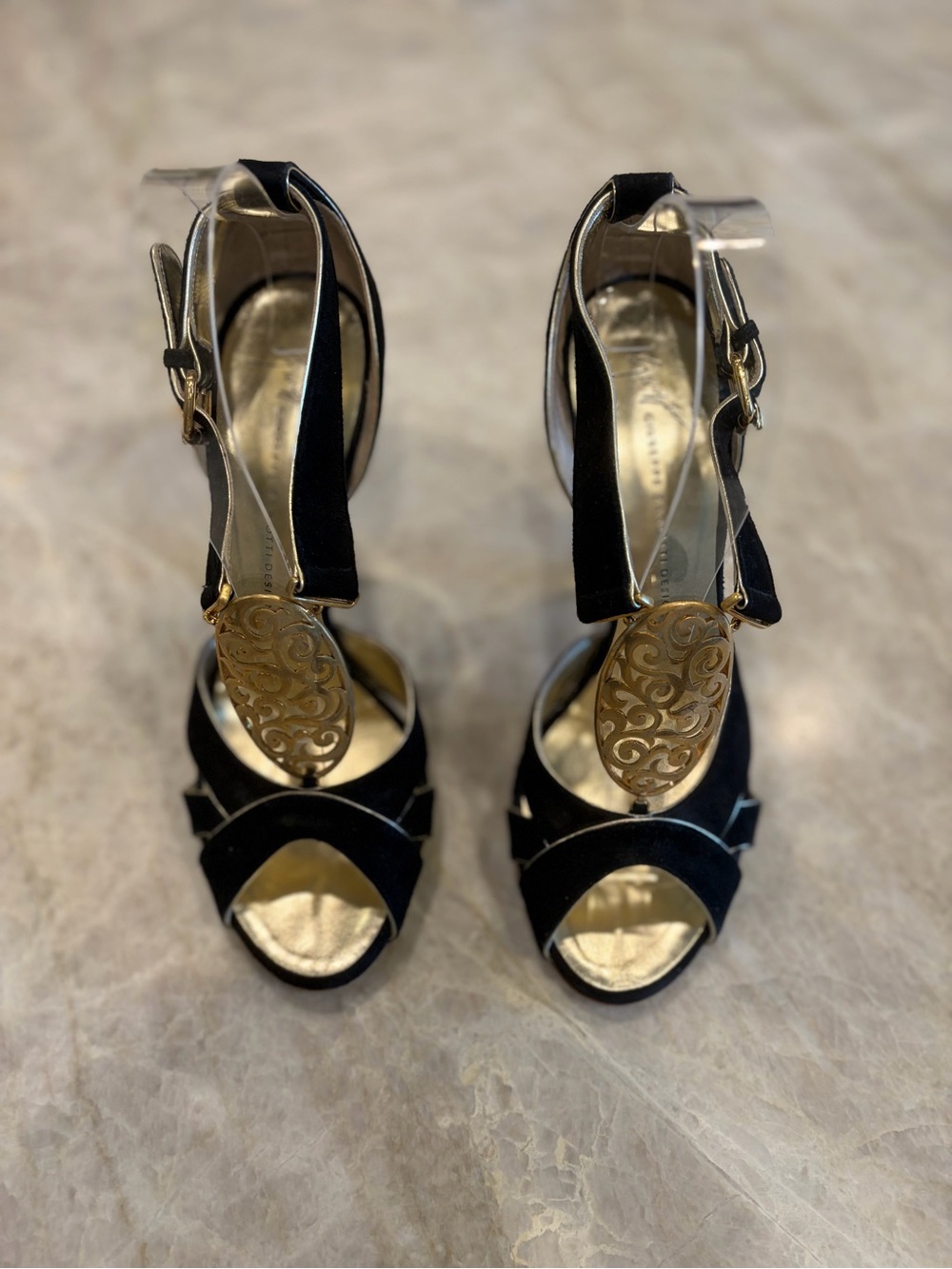 Giuseppe Zanotti Black and Gold Open-Toe Heel Sandals